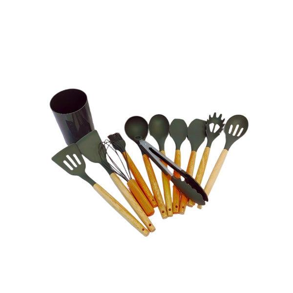 12 Pcs Silicone Cooking Utensils Set - With Wooden Handles and Bucket