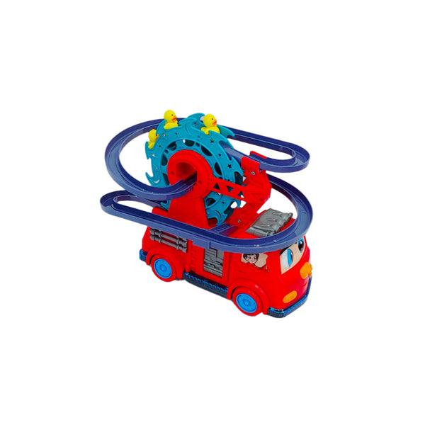 2 in 1 Fire Engine Slide Toy Set, Automatic Slide Down Duck Toy Race Track Toy Rotating Ferris Wheel Toy Duck Slide Toy Fire Truck Toy with Universal Wheel, Movable Eyes, Music & Lights