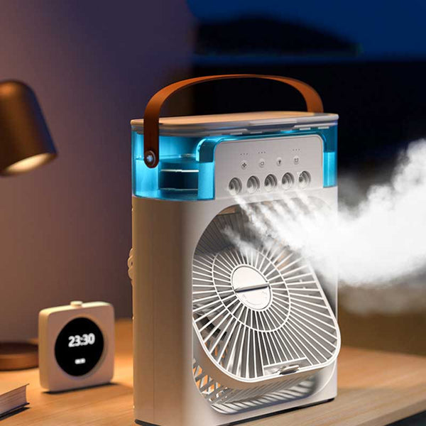 USB Mini Portable Air Cooler with 3 Wind Speed and 3 Spray Modes, Desktop Fan with a 7 colour LED light