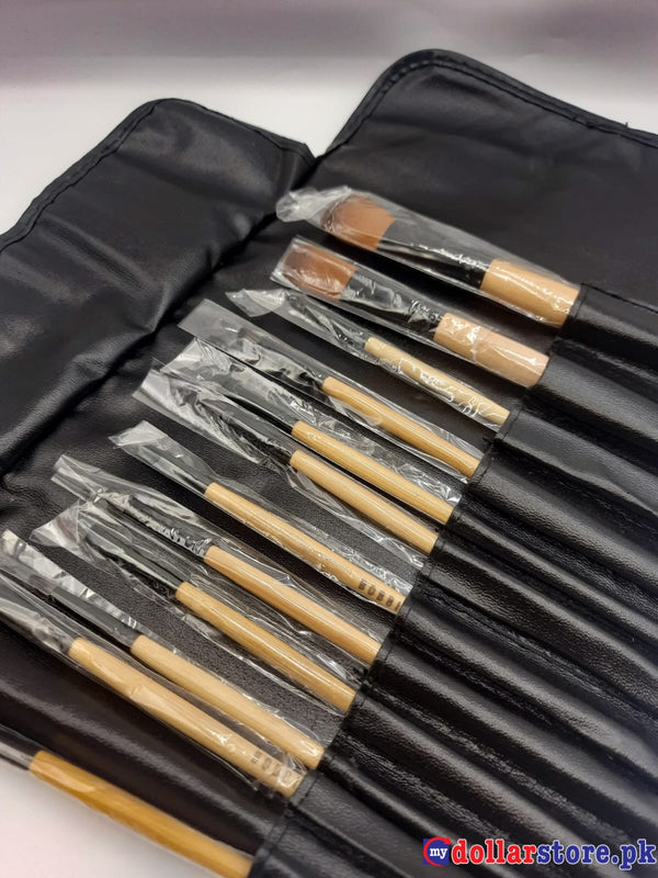 Professional Makeup 12 Brush Set With Black Vegan Leather Case Black