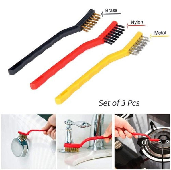 3 Pcs Black Yellow Red Nonslip Plastic Handle Metal Wired Cleaning Brushes