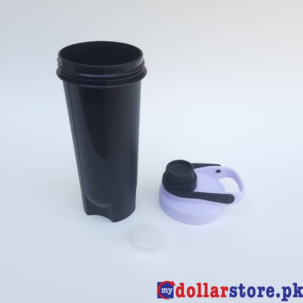 Protein Shaker With a sieve And a Coloured lid, Includes a ML Scale On One Side and an OZ scale on the Other.